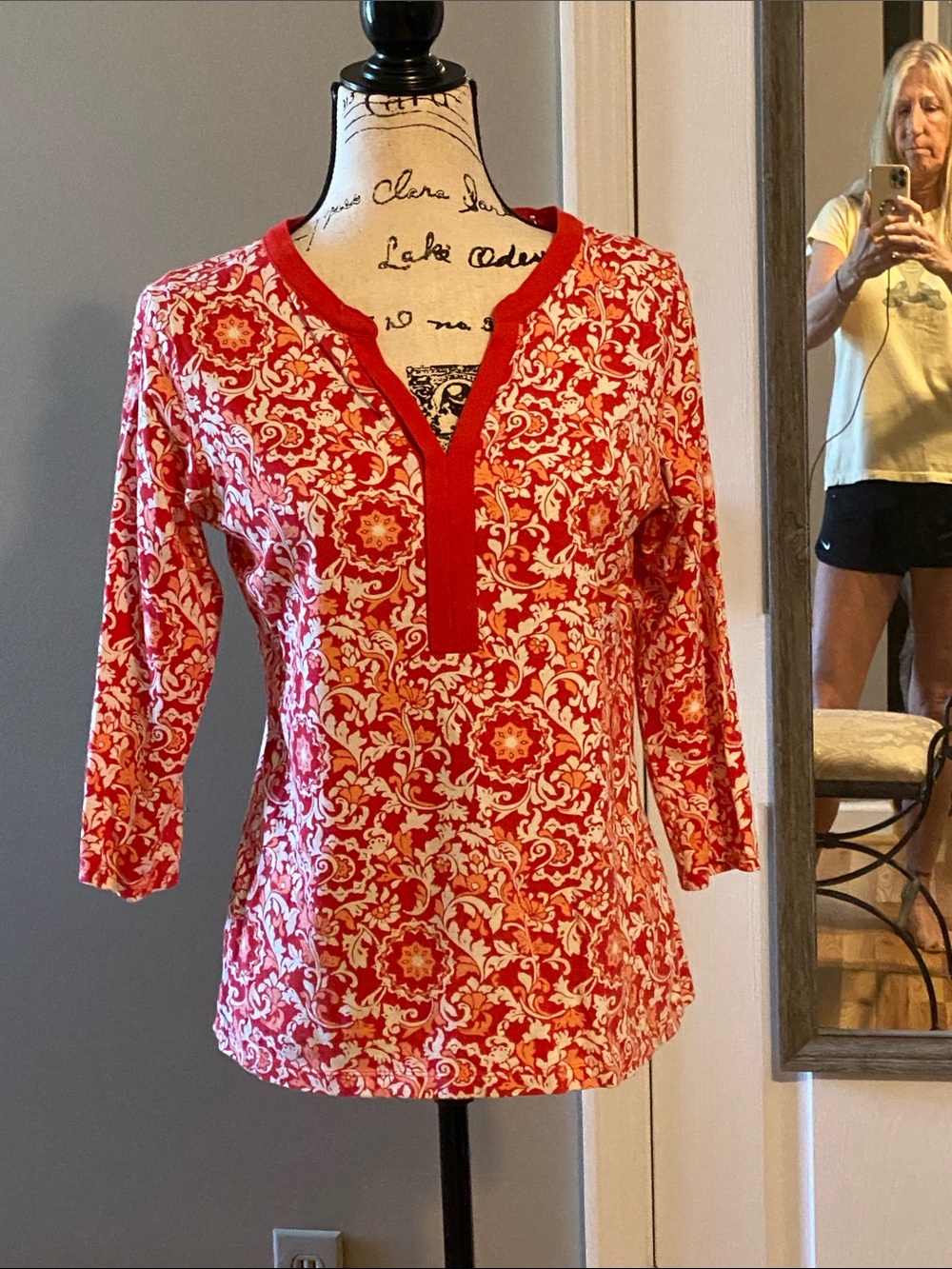 St. John's Bay Red and Cream Floral Henley Tunic
